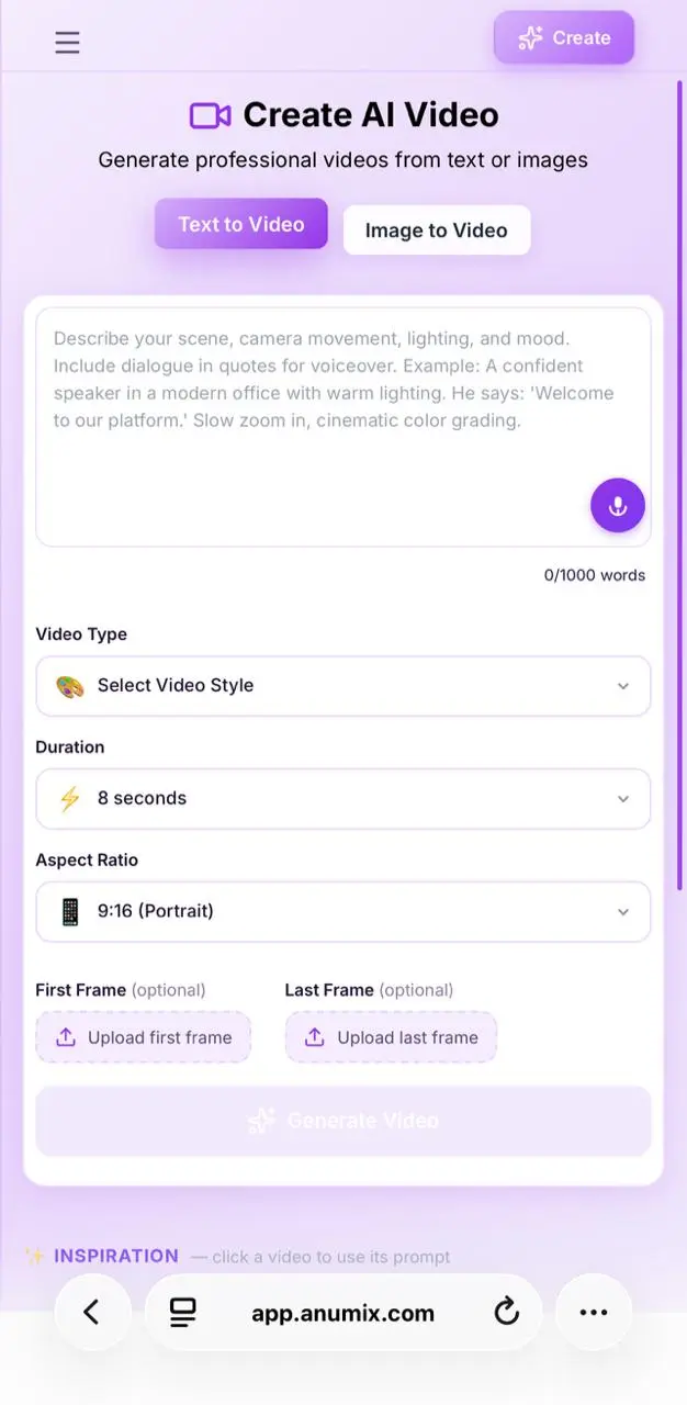 Input for Ai video Generator